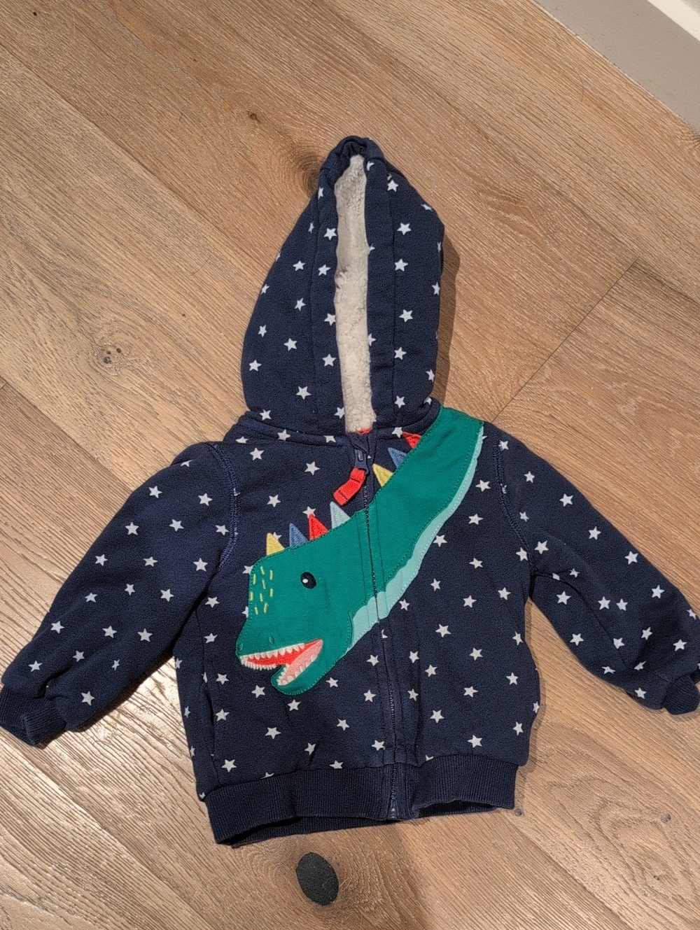 Baby Boden Navy Hoodie with Green Dinosaur Applique
